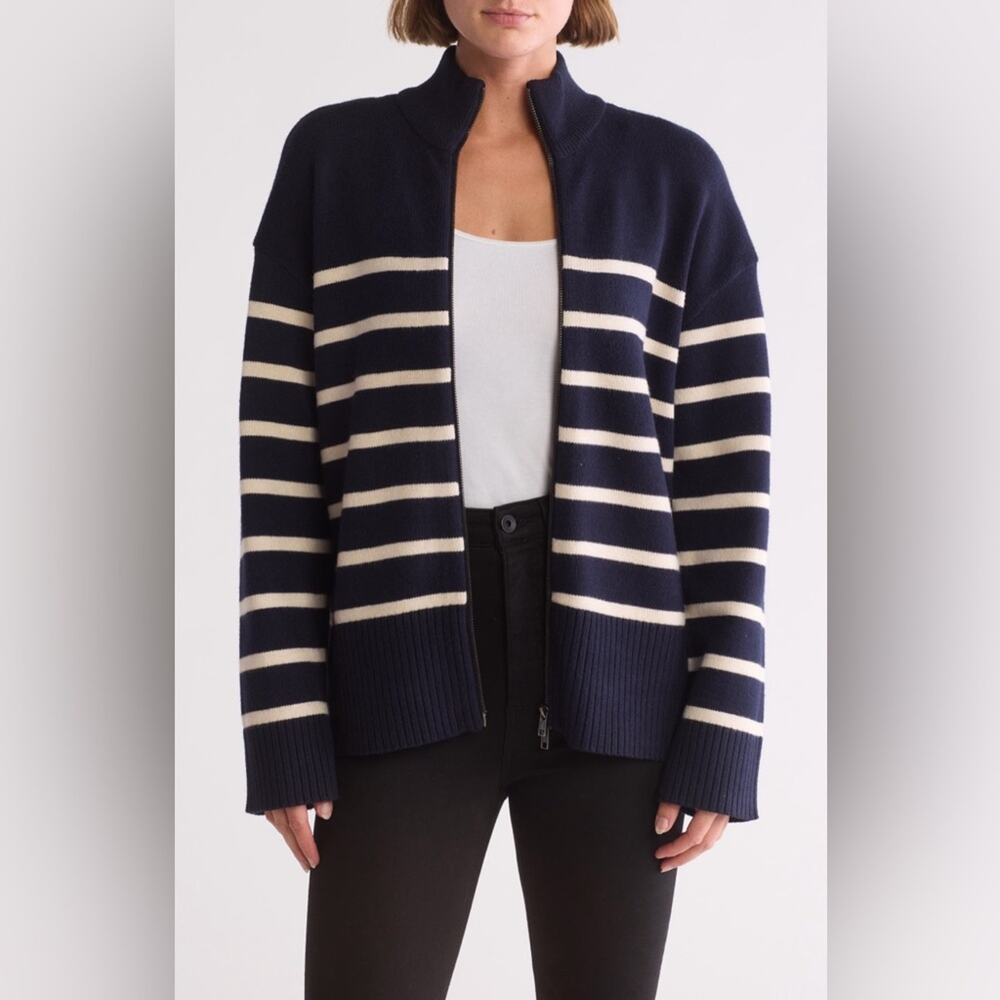 NEW RDI Nordstrom Women's Two-Way Zip Cardigan Navy White Soft Size Small